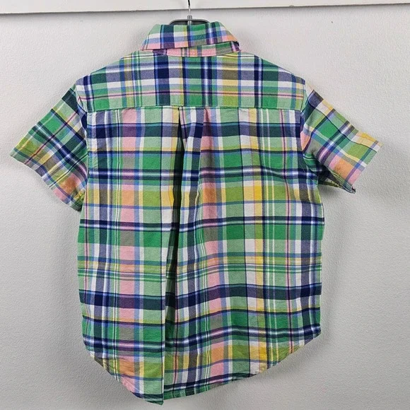 Polo Ralph Lauren Kids Plaid Short Sleeve Button Down Shirt Green Pink 3/3T - Picture 2 of 4